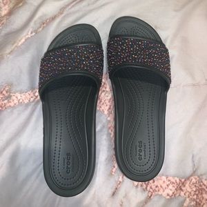 crocs black bejeweled slides